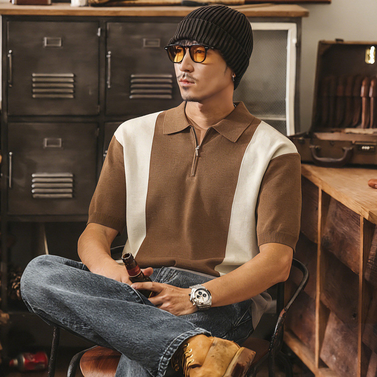 美式復古老錢風針織短袖POLO衫男夏季新款撞色半拉鍊寬鬆男士T恤