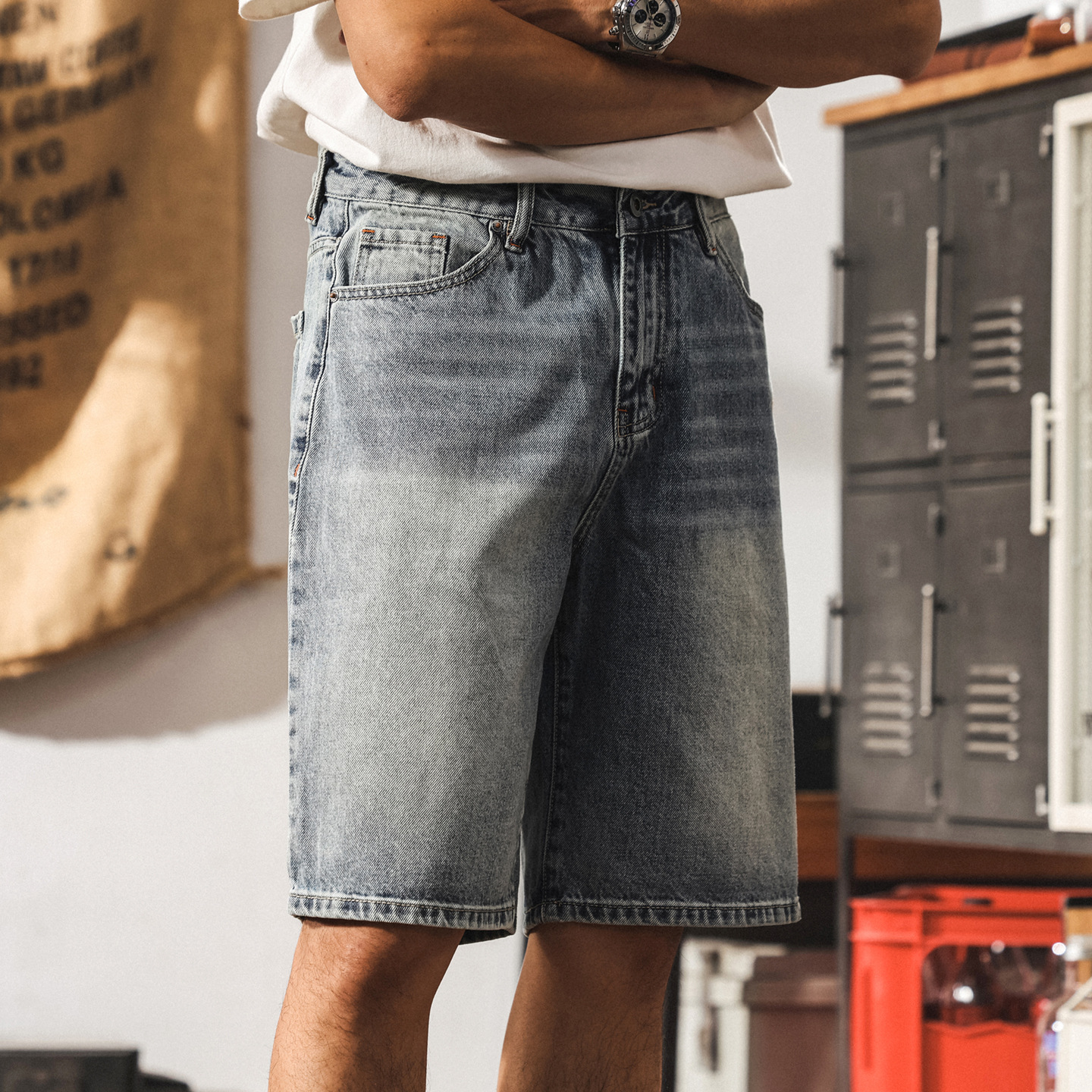 美式街頭潮牌牛仔短褲男夏季復古水洗大碼中褲寬鬆直筒男士五分褲