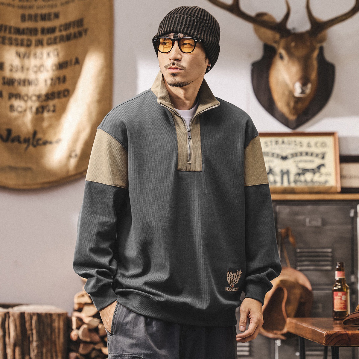 美式復古半拉鍊重磅衛衣男春秋2025新款撞色拼接寬鬆休閒上衣男潮