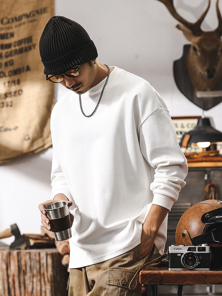 美式復古300g重磅磨毛長袖T恤男春季2025新款寬鬆簡約白色衛衣男
