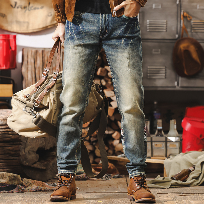 美式復古硬漢西部牛仔褲男秋季新款直筒機車痞帥硬朗男士休閒褲潮