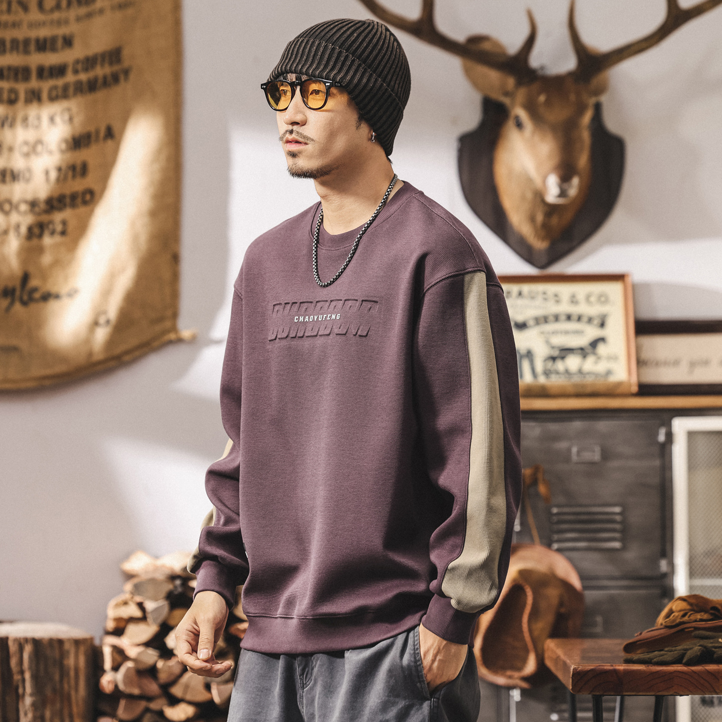 美式重磅復古加絨衛衣男冬季新款加厚潮牌立體鋼印寬鬆休閒上衣男