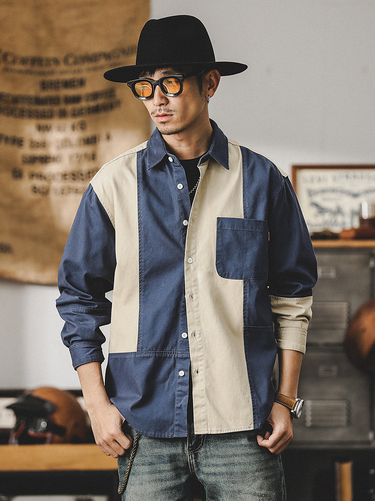 英倫風痞帥男裝復古襯衫男長袖美式潮牌撞色拼接高級感休閑襯衣男