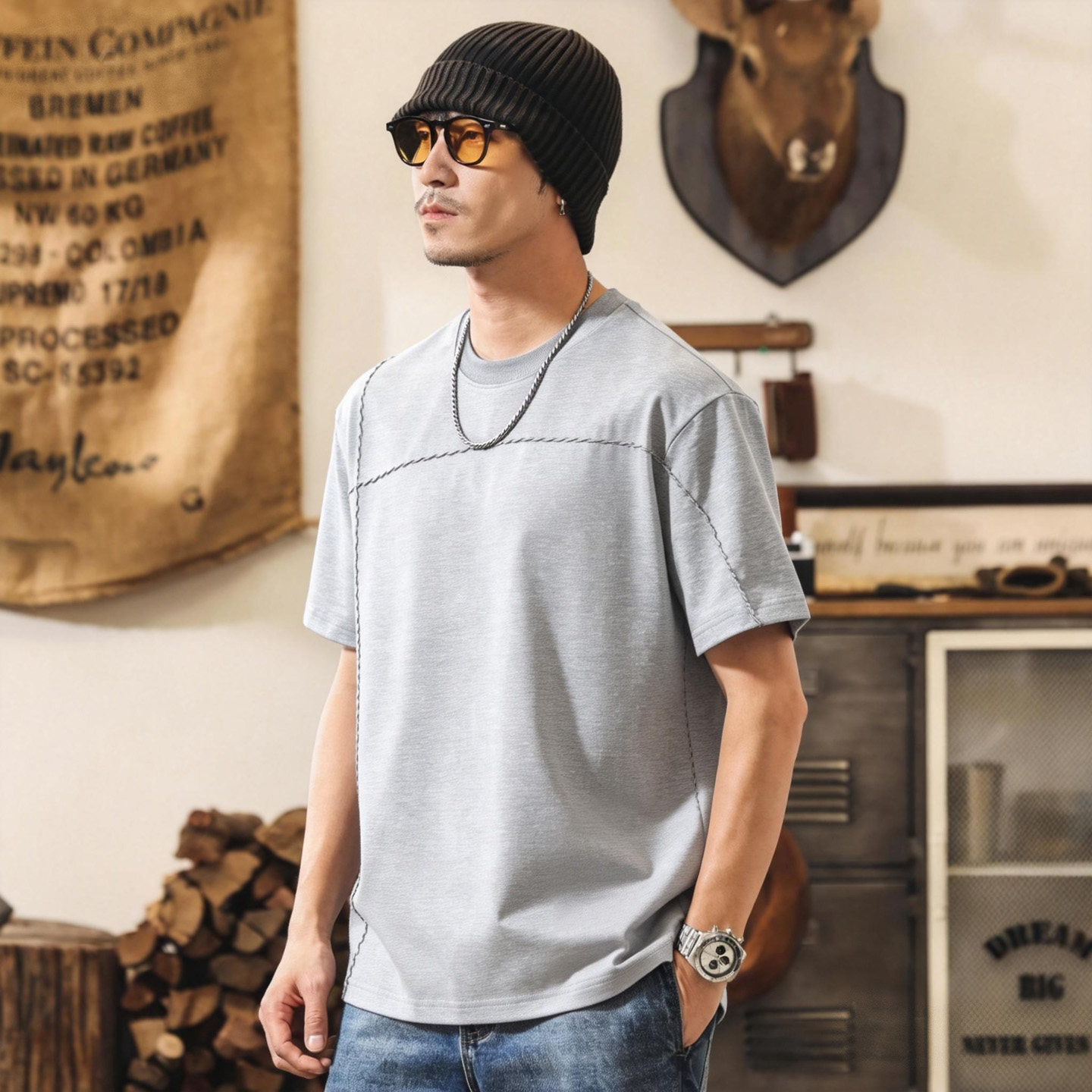 美式復古紡鹽棉短袖男士T恤夏季潮牌男裝半袖新款寬鬆休閒上衣男