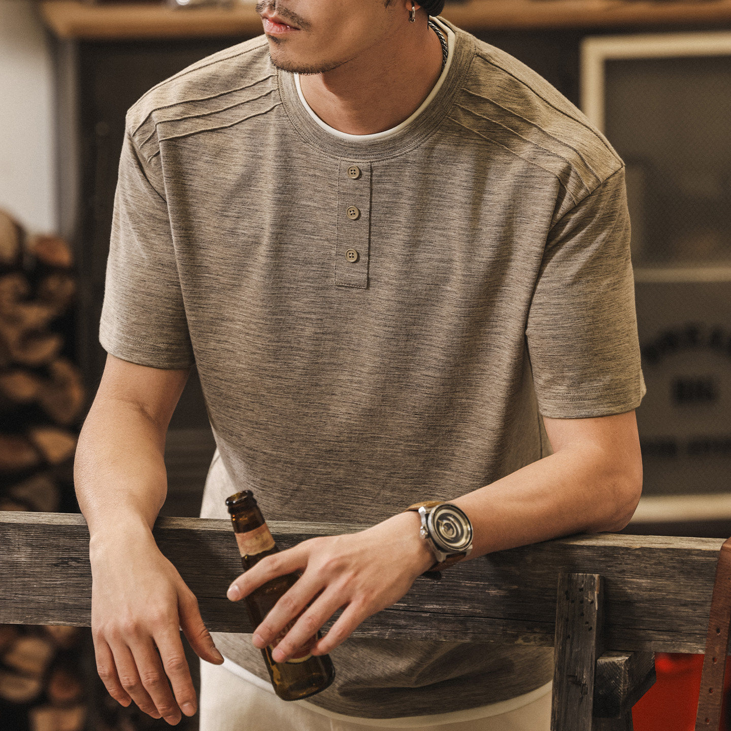 美式復古亨利領Polo衫短袖男款夏季潮牌休閒假兩件T恤男寬鬆上衣