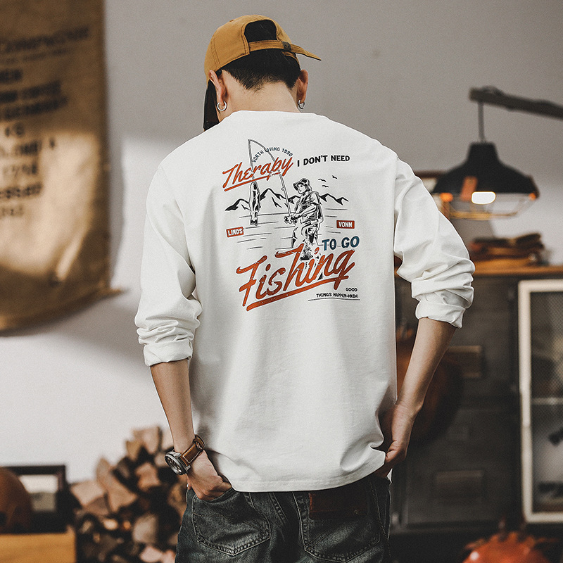 美式長袖T恤男春季2024新款山系印花體恤男260g重磅男士上衣