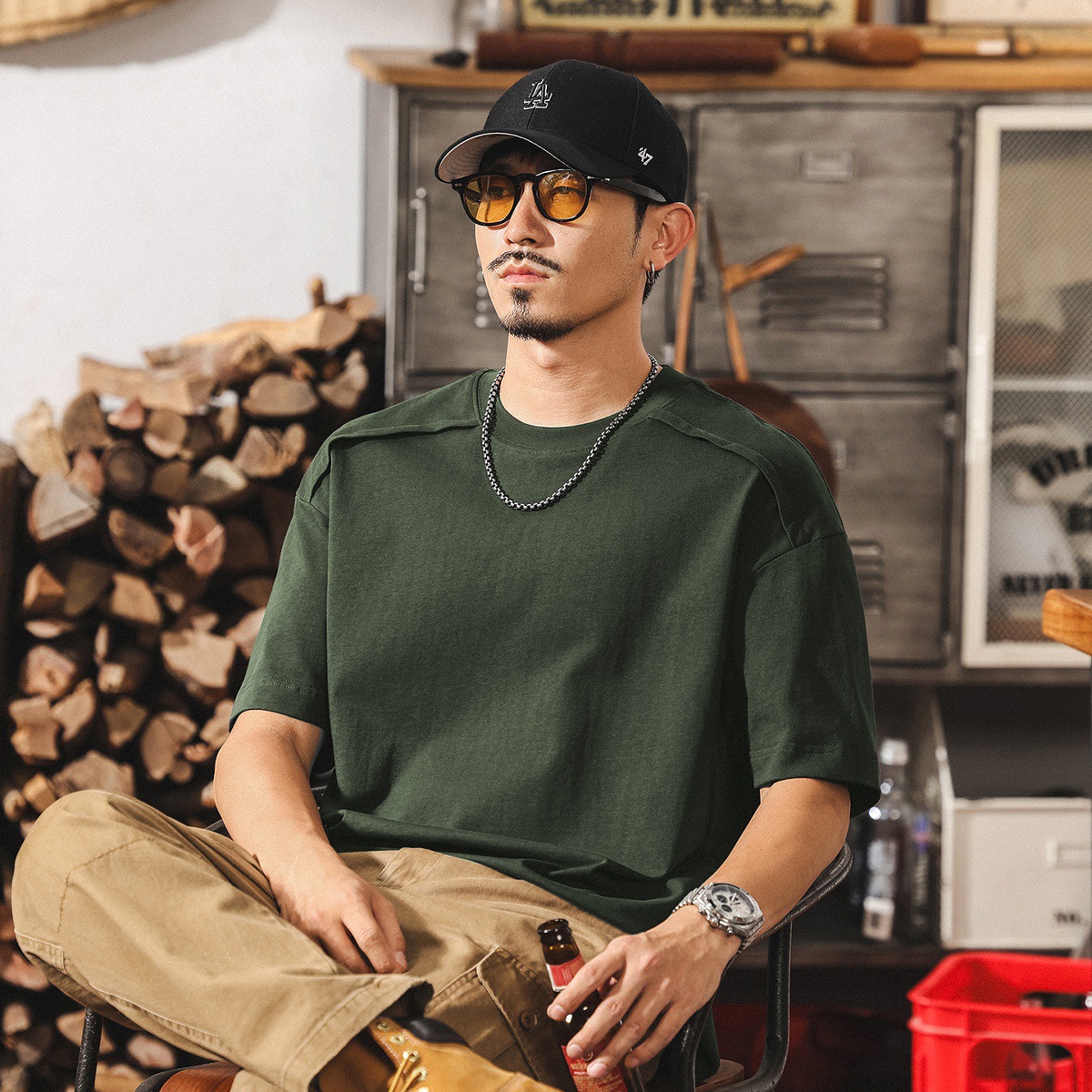 美式復古夏季涼感T恤男短袖重磅痞帥設計感拼接潮流寬鬆上衣