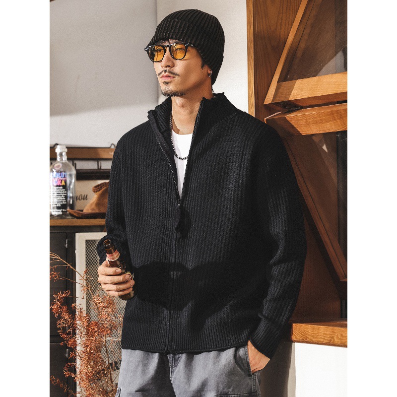 美式復古黑色開衫毛衣外套男春秋寬鬆立領慵懶風針織衫上衣男秋冬