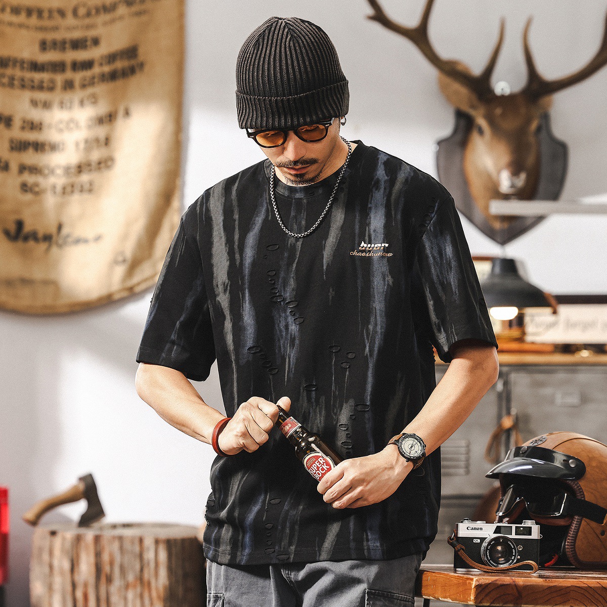 輕奢高級感夢幻雲染提花T恤男夏季短袖2025新款潮牌寬鬆美式上衣