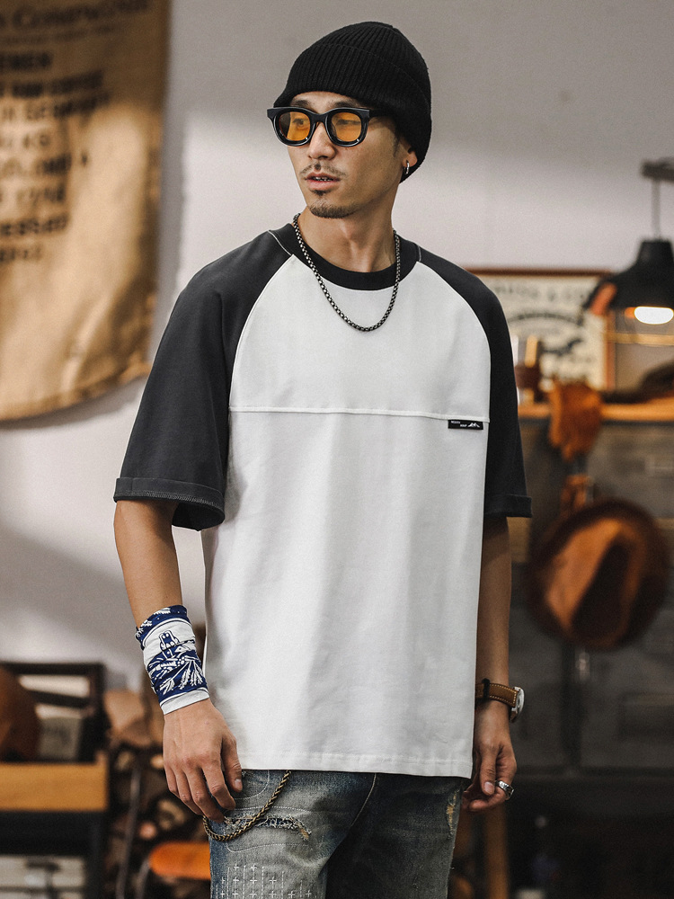 230g重磅T恤男夏季寬鬆潮牌短袖2024新款插肩袖撞色潮流男士上衣