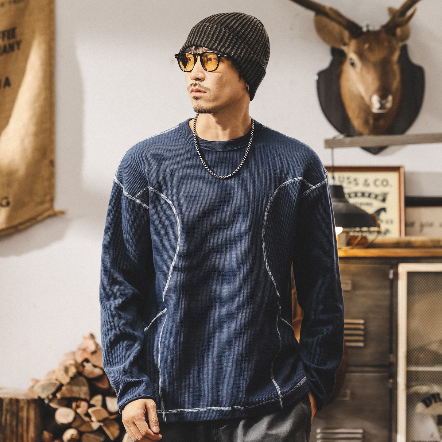 美式復古重磅衛衣男春秋2025新款潮牌華夫格長袖t恤秋季男士上衣