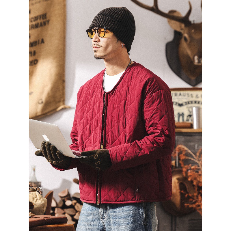 美式復古紅色菱形格內膽夾克棉衣男冬季輕薄款保暖休閒棉服外套男