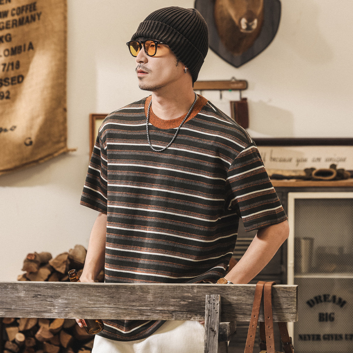 美式復古老錢風針織條紋T恤男夏季短袖2026新款潮流寬鬆休閒上衣