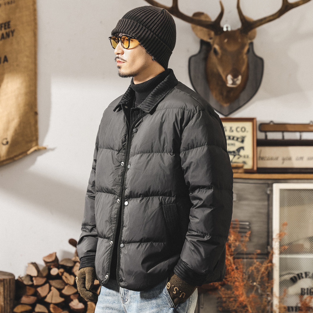 美式復古90白鴨絨假兩件輕便羽絨服男款冬季保暖潮牌面包服外套男