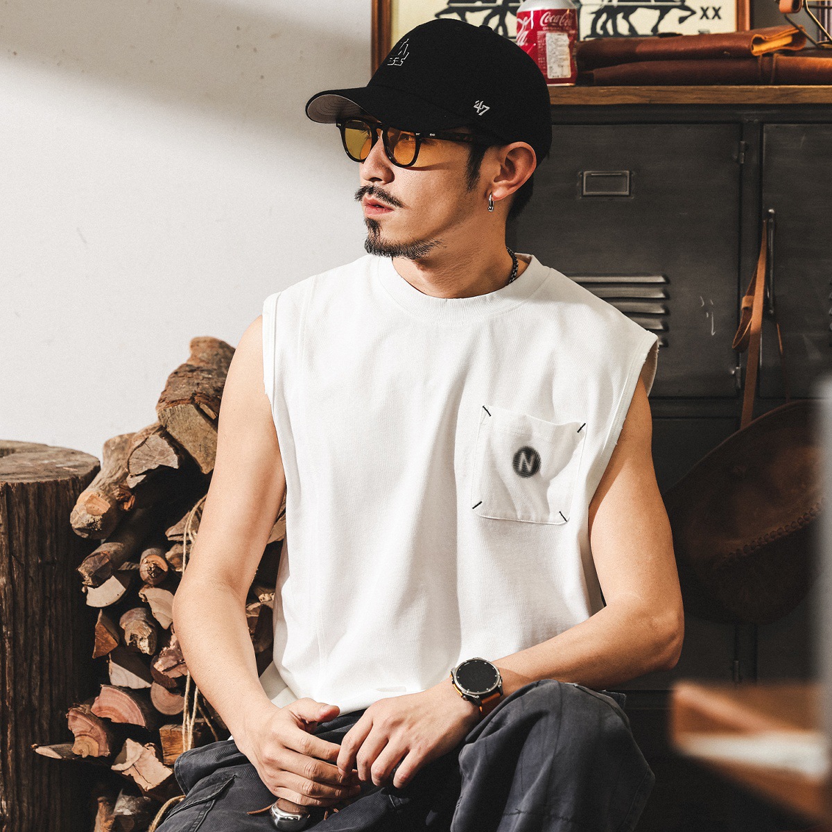 美式復古透氣運動健身背心男夏季無袖男T恤寬鬆白色坎肩上衣