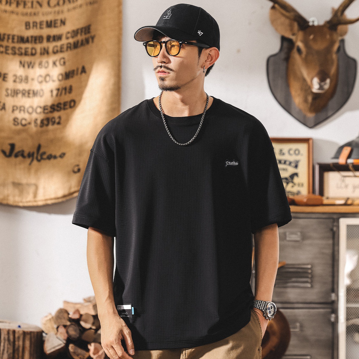 薄款軟糯冰絲T恤男士短袖夏季新款華夫格速幹寬鬆大碼美式體恤潮