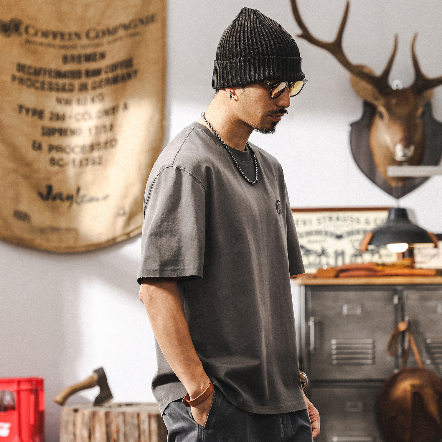 美式髒染水洗T恤男重磅夏季短袖潮牌龜裂印花寬鬆半袖上衣男