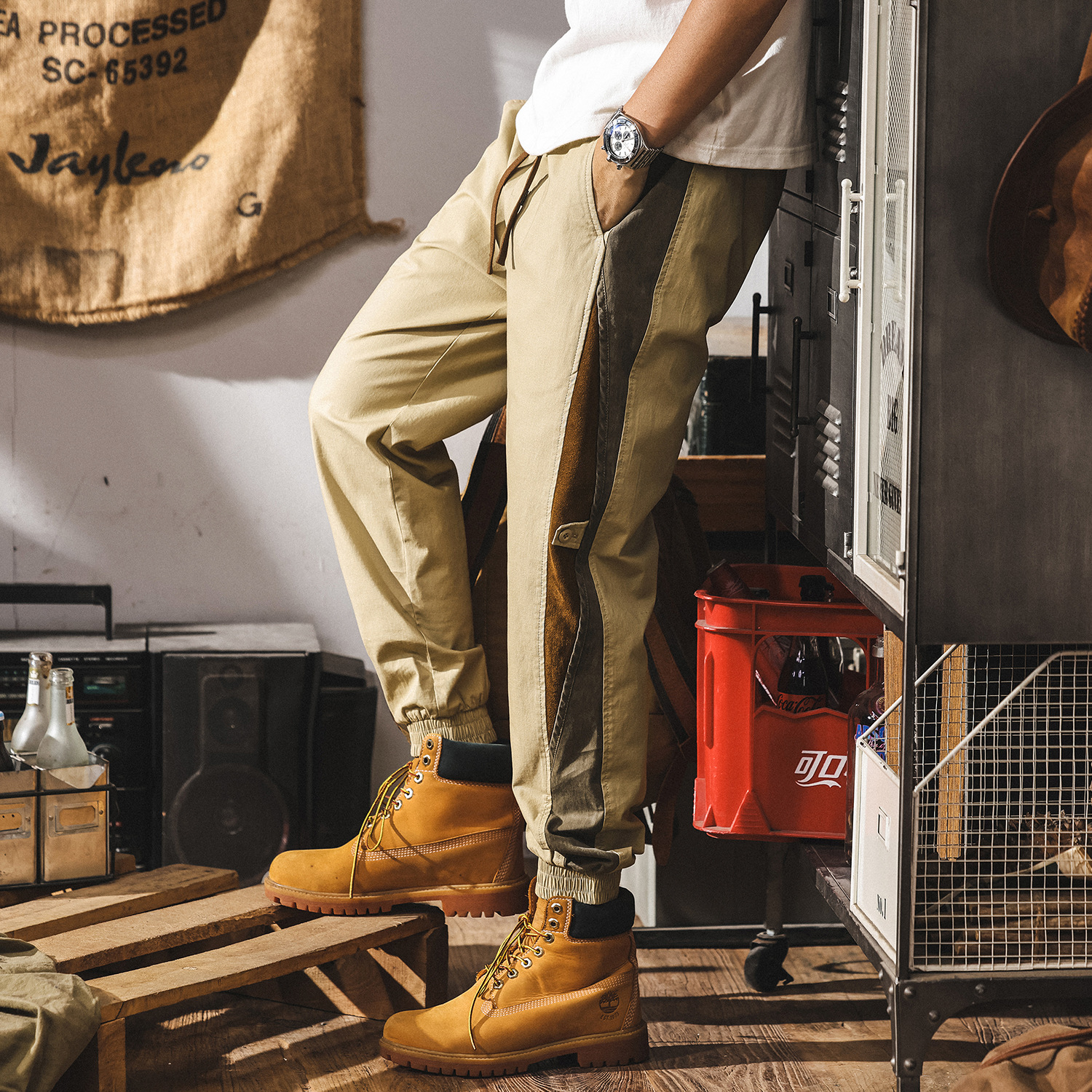 美式復古拼色設計工裝褲子男款夏季潮牌寬鬆直筒卡其色男士休閒褲