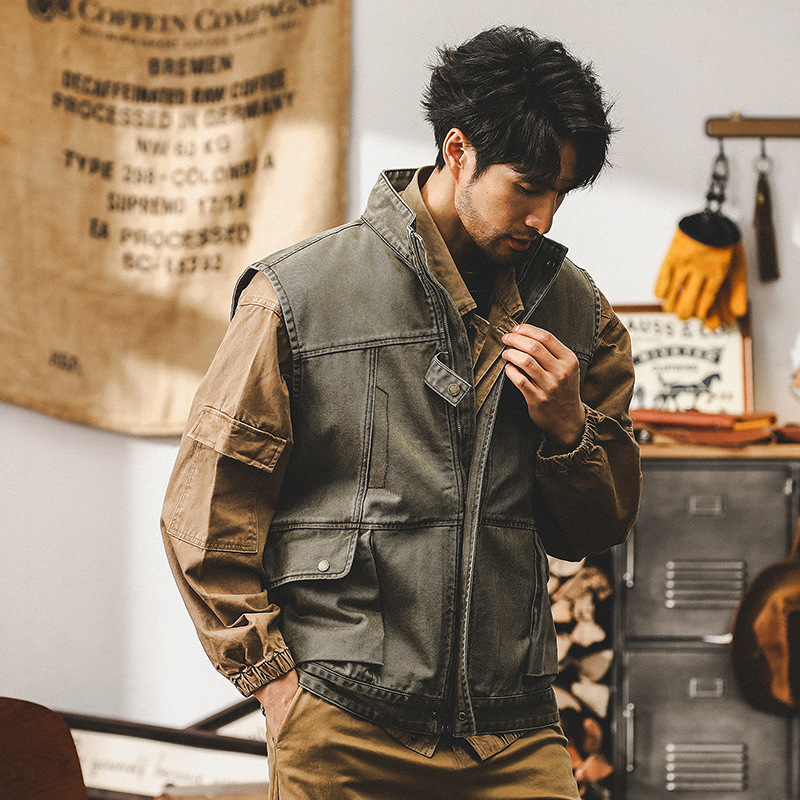 美式重磅複古工裝馬甲男立領外套秋季戶外戰術做舊坎肩攝影夾克男