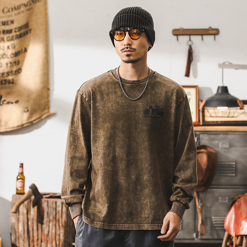 美式復古長袖T恤男秋季重磅設計感印花體恤男士潮牌寬鬆做舊上衣t