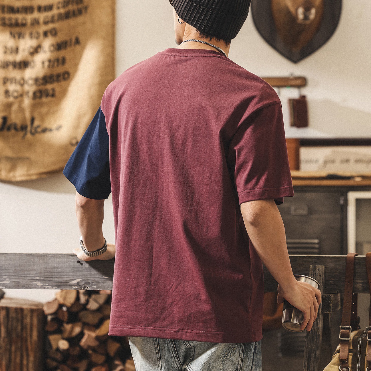 美式復古拼接撞色短袖男夏季新款250g重磅T恤男潮流寬鬆上衣