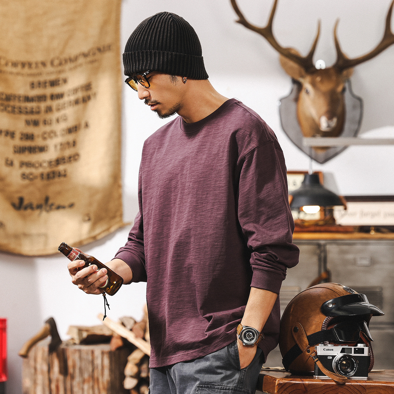 竹節肌理T恤男長袖春秋季2025新款多巴胺紫色寬鬆簡約男士上衣T潮