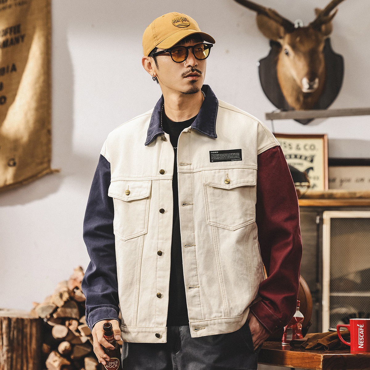 美式復古工裝外套男秋春2025新款潮牌帥氣拼接撞色寬鬆夾克男秋季