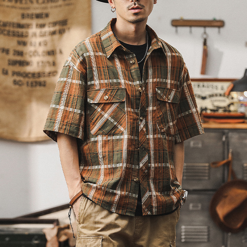 美式經典復古格子襯衫男夏季短袖寬鬆潮牌休閒夏威夷度假沙灘襯衣