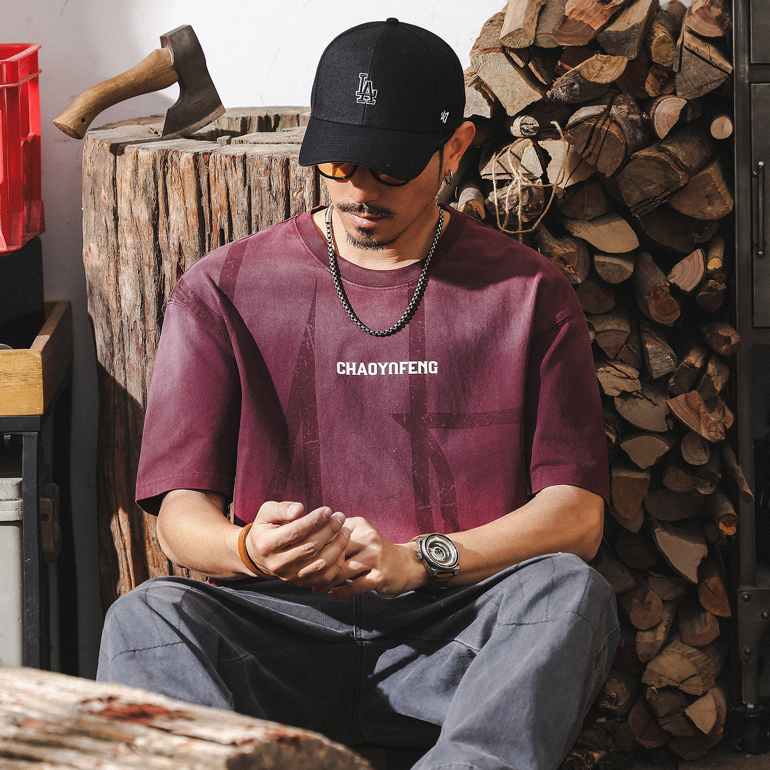 260g重磅酵素做舊短袖T恤男夏季2025新款潮牌龜裂印花上衣男