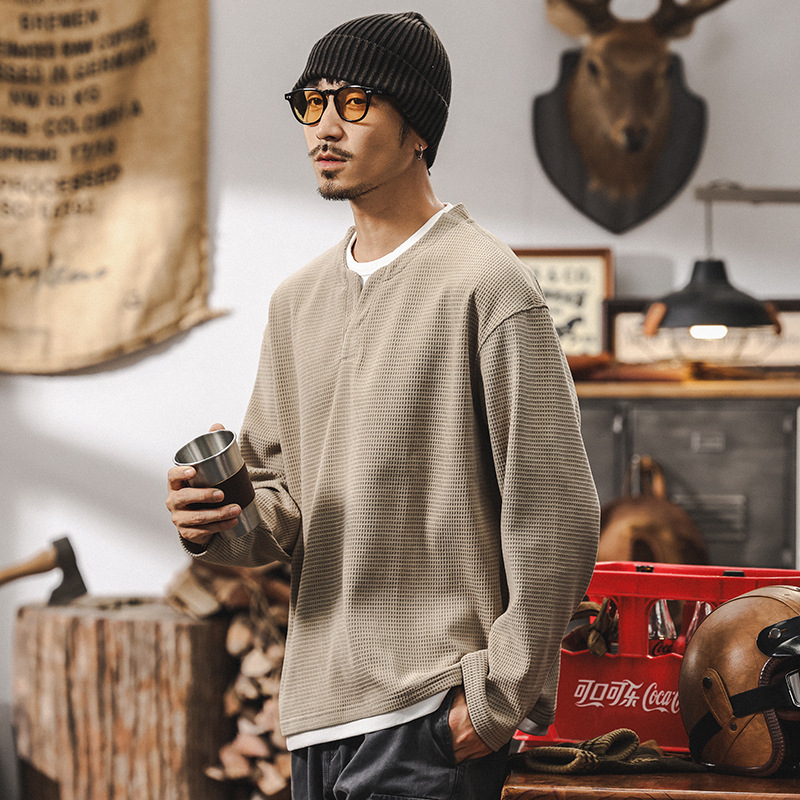 【假兩件】美式復古重磅歐棉絨長袖T恤男秋季2025新款硬漢亨利衫