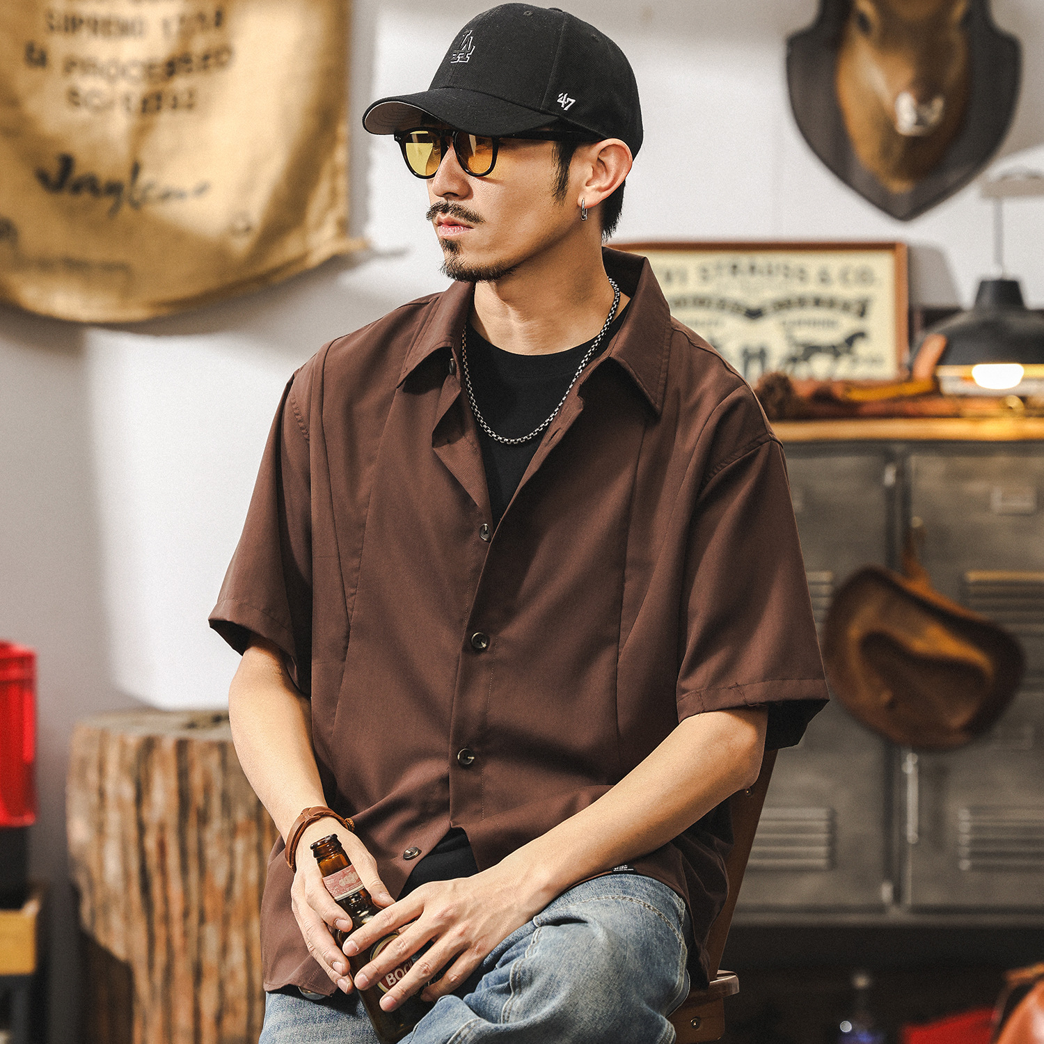 美拉德復古抗皺免燙莫代爾襯衫男款短袖夏季寬鬆垂感薄款男士襯衣