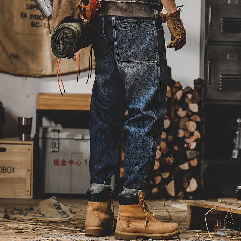 美式復古牛仔褲男寬鬆直筒2024年秋季新款拼接設計款加大碼闊腿褲