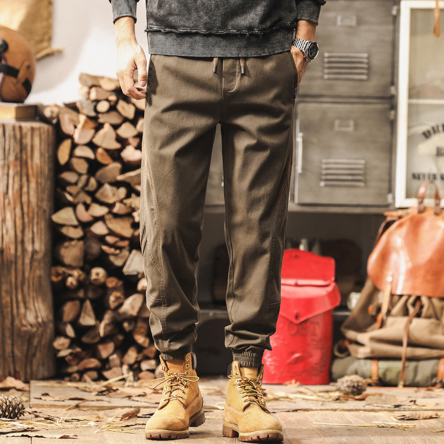 美式重磅復古工裝褲子男春秋2025新款拼接潮牌休閒褲男寬鬆束腳褲