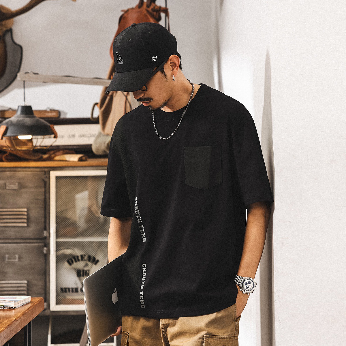 美式潮流短袖男士夏季重磅T恤寬鬆2025新款潮牌拼接大碼休閒上衣T