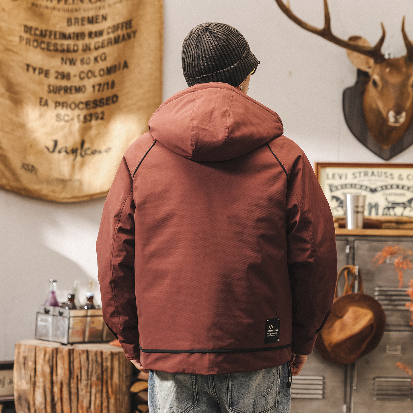 美式復古高充絨工裝羽絨服男冬季戶外加厚禦寒保暖派克服連帽外套