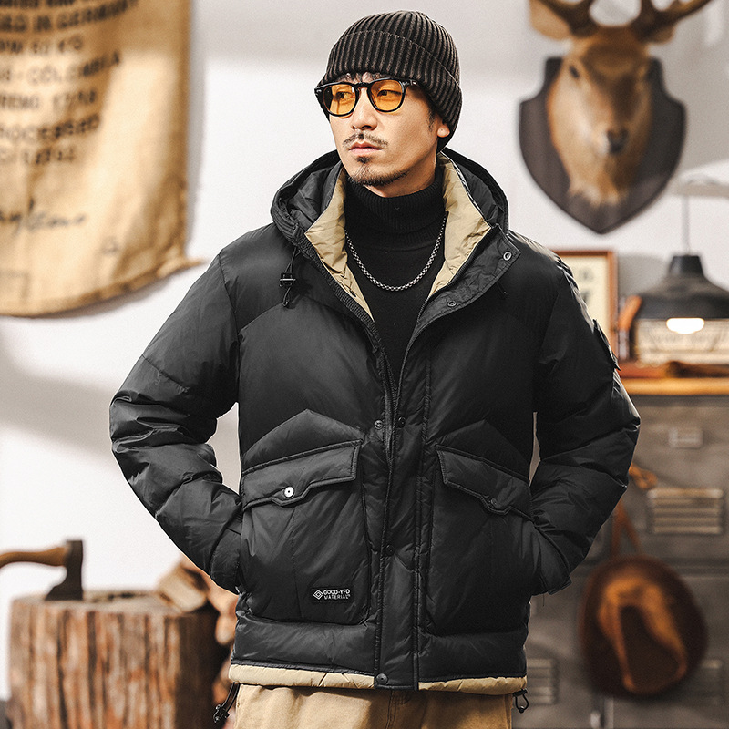 90白鴨絨美式復古工裝羽絨服男冬季加厚連帽面包服男士秋冬外套男