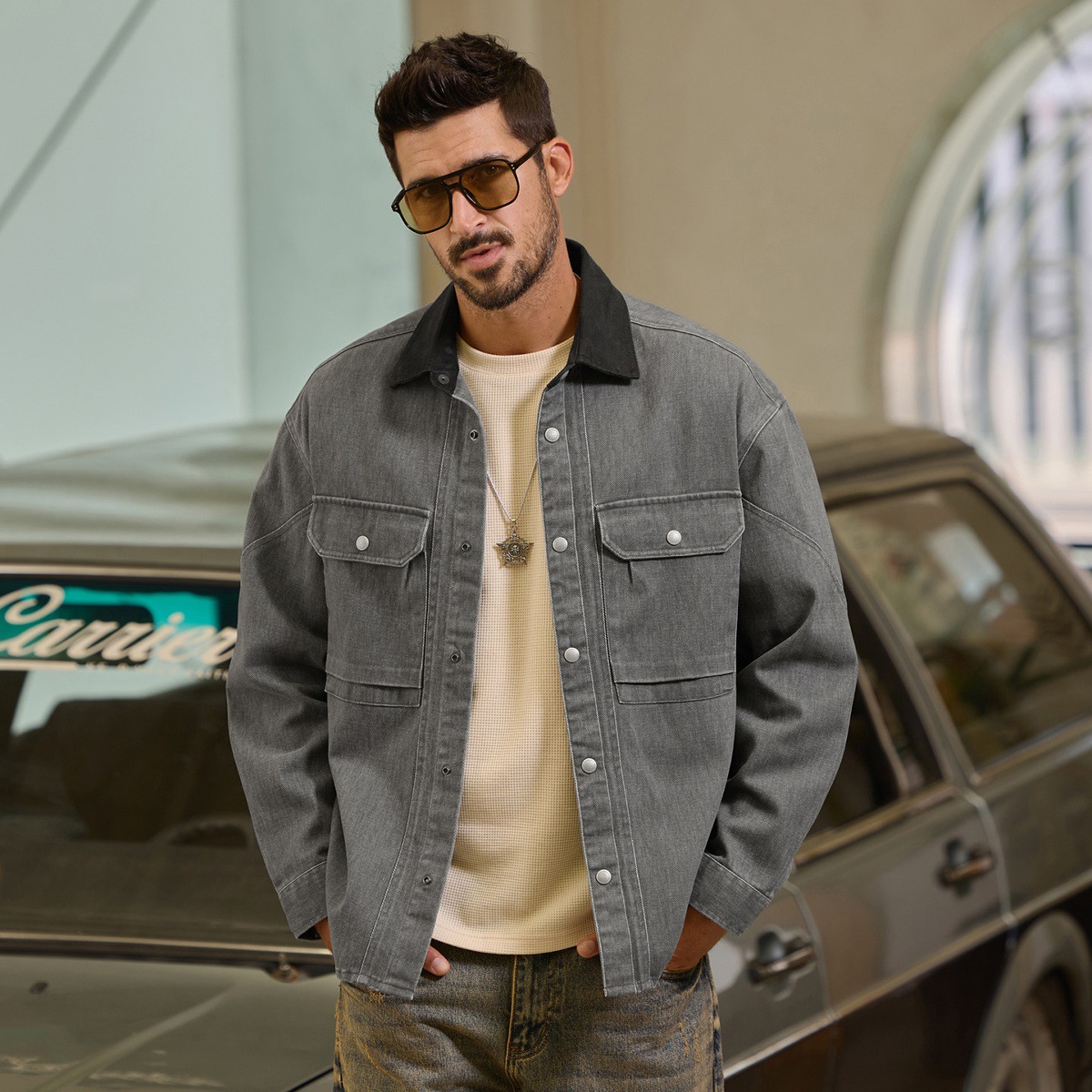 美式復古工裝襯衫男春季2026新款寬鬆硬漢帥氣獵裝夾克外套男春秋