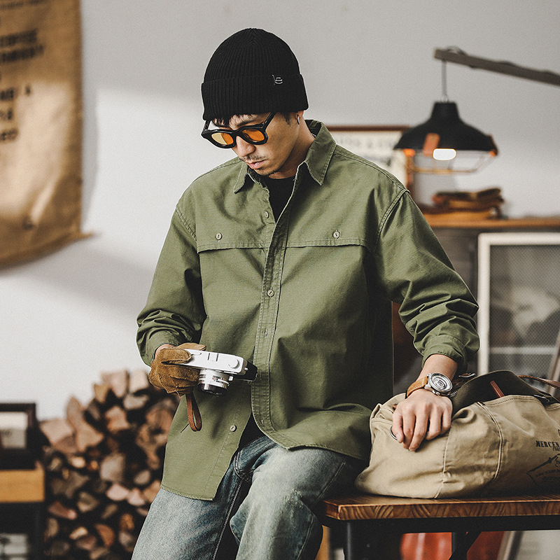 硬漢獵裝工裝襯衫男長袖美式重磅復古城市戶外通勤休閒襯衣外套男