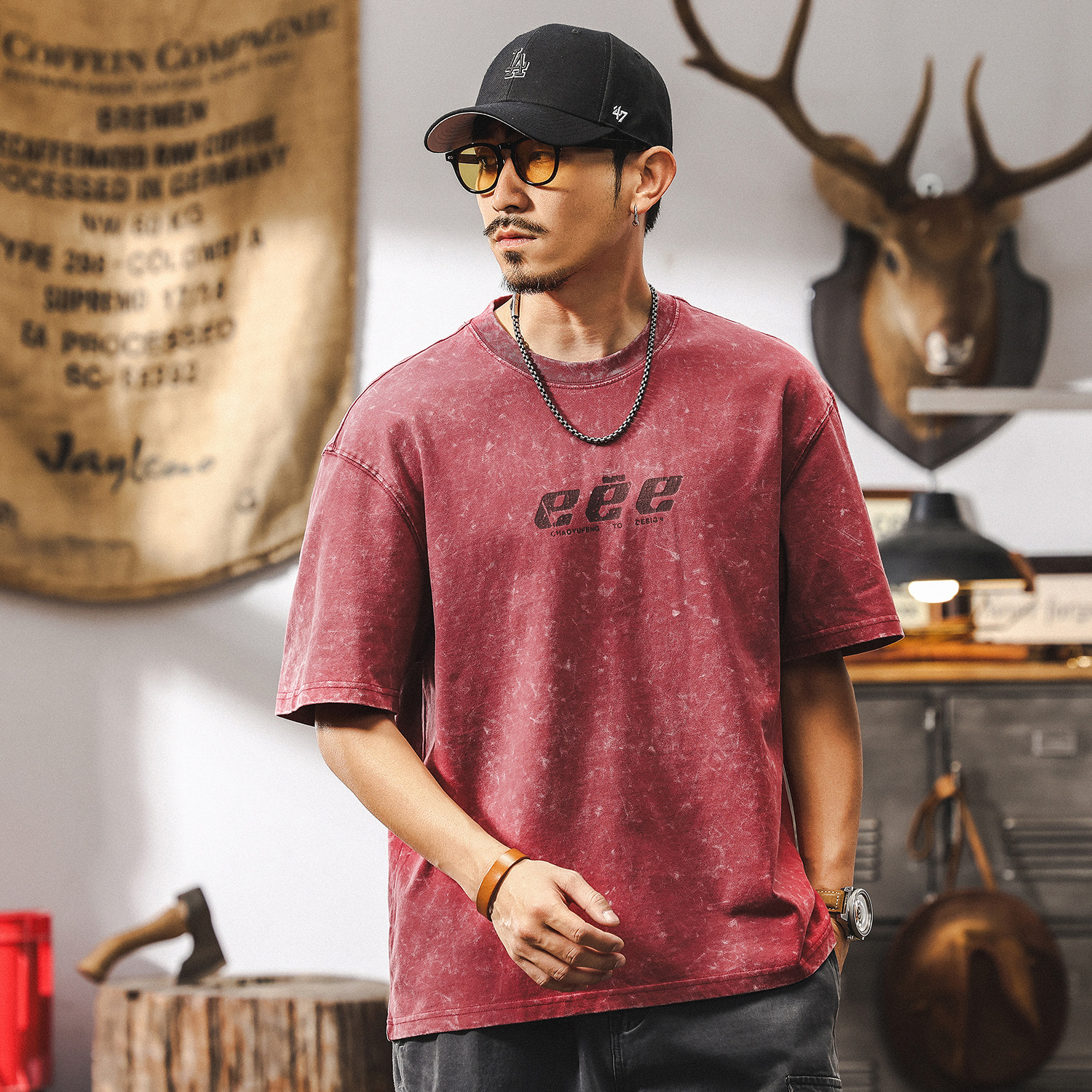 260g重磅酵素做舊水洗西瓜紅短袖男款夏季T恤男寬鬆潮牌上衣