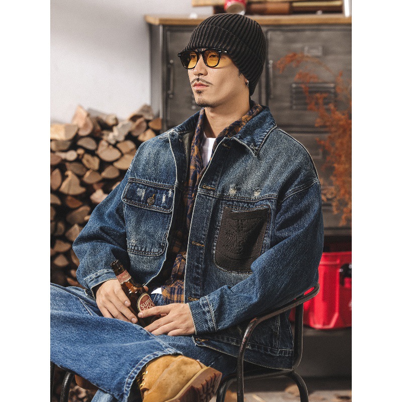 美式復古戰損破洞牛仔外套男春秋潮牌2025新款潮流帥氣工裝夾克男