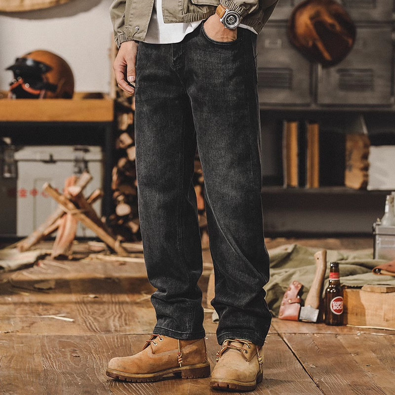 美式復古直筒牛仔褲男款秋季潮牌黃泥水洗加絨男士寬鬆休閒長褲子