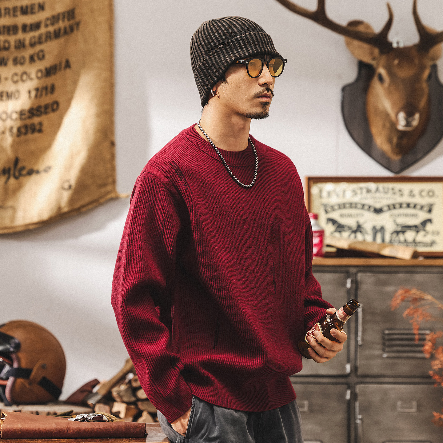 美式重磅復古波爾多紅色毛衣男秋季2025新款男士針織衫秋冬外套男