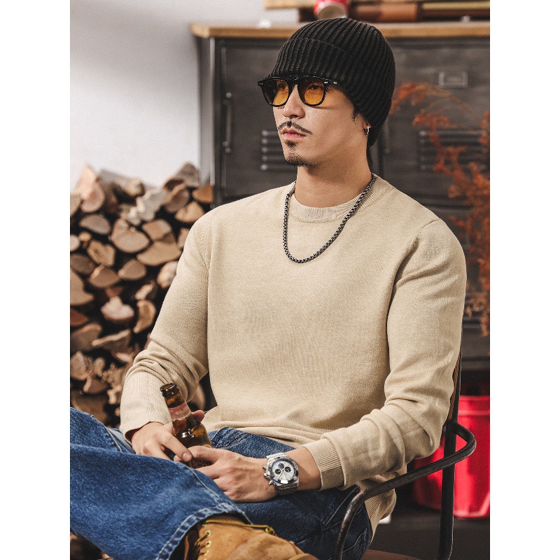 美式復古毛衣男秋冬新款潮牌保暖純色休閒內搭上衣男士針織打底衫