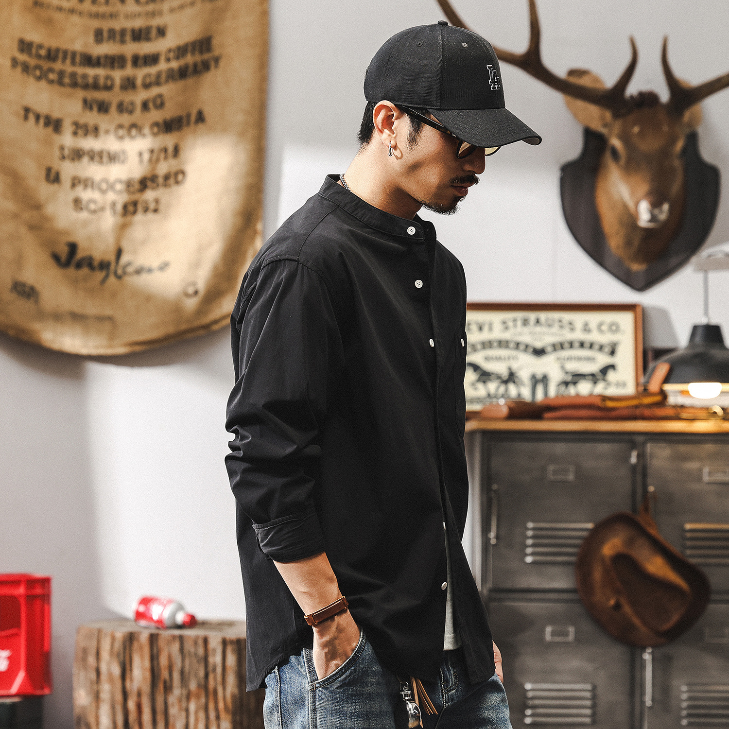 傑雷諾復古立領襯衫男長袖秋季2025新款潮流寬鬆休閒黑色男士襯衣