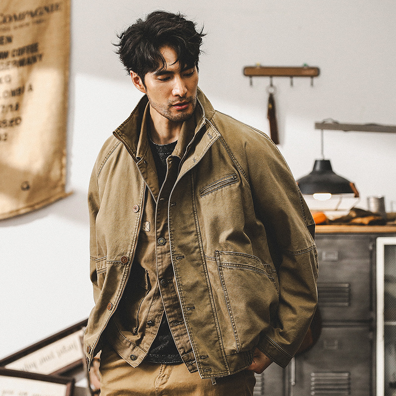 美式復古卡其色工裝外套男春秋款潮牌寬鬆水洗硬漢獵裝休閒夾克男