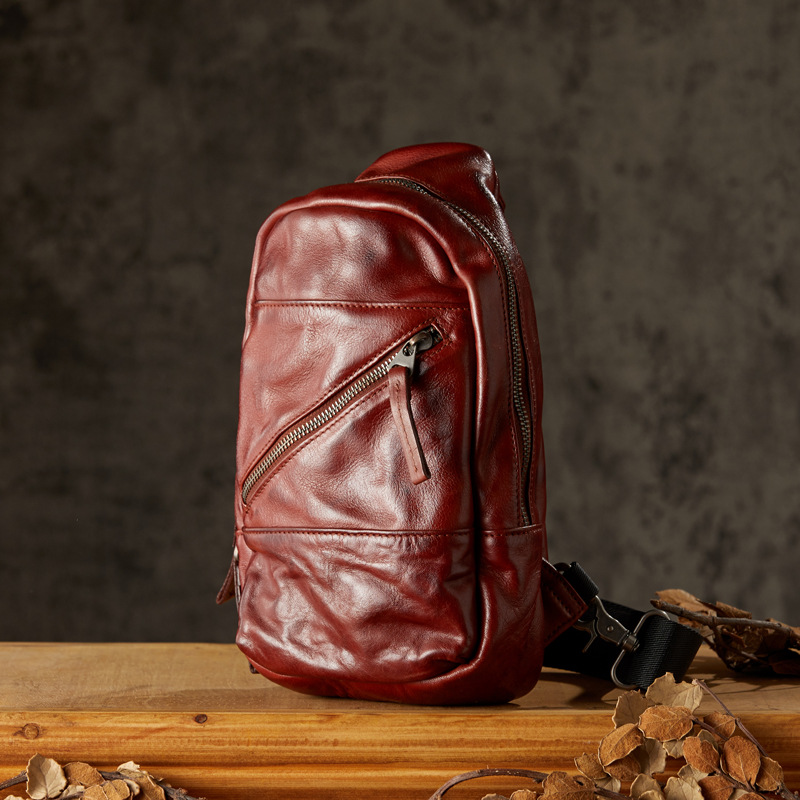 手工植鞣牛皮胸包男士戶外休閒單肩斜挎包個性百搭多功能真皮男包