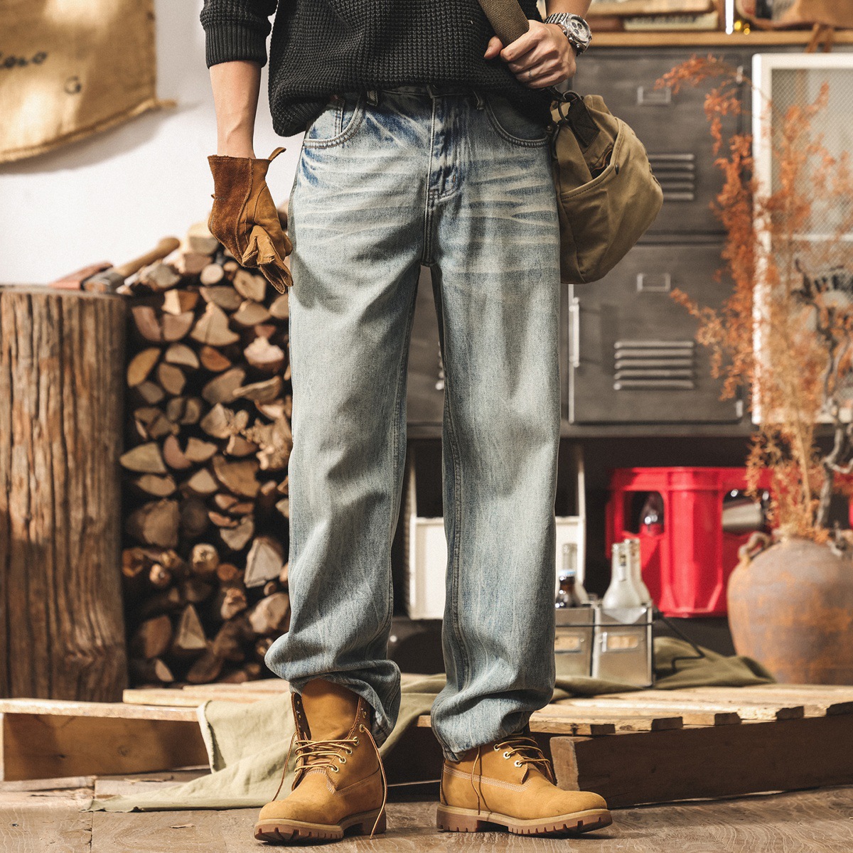 美式重磅復古工裝褲子男潮牌加絨牛仔褲男直筒水洗寬鬆男士休閒褲