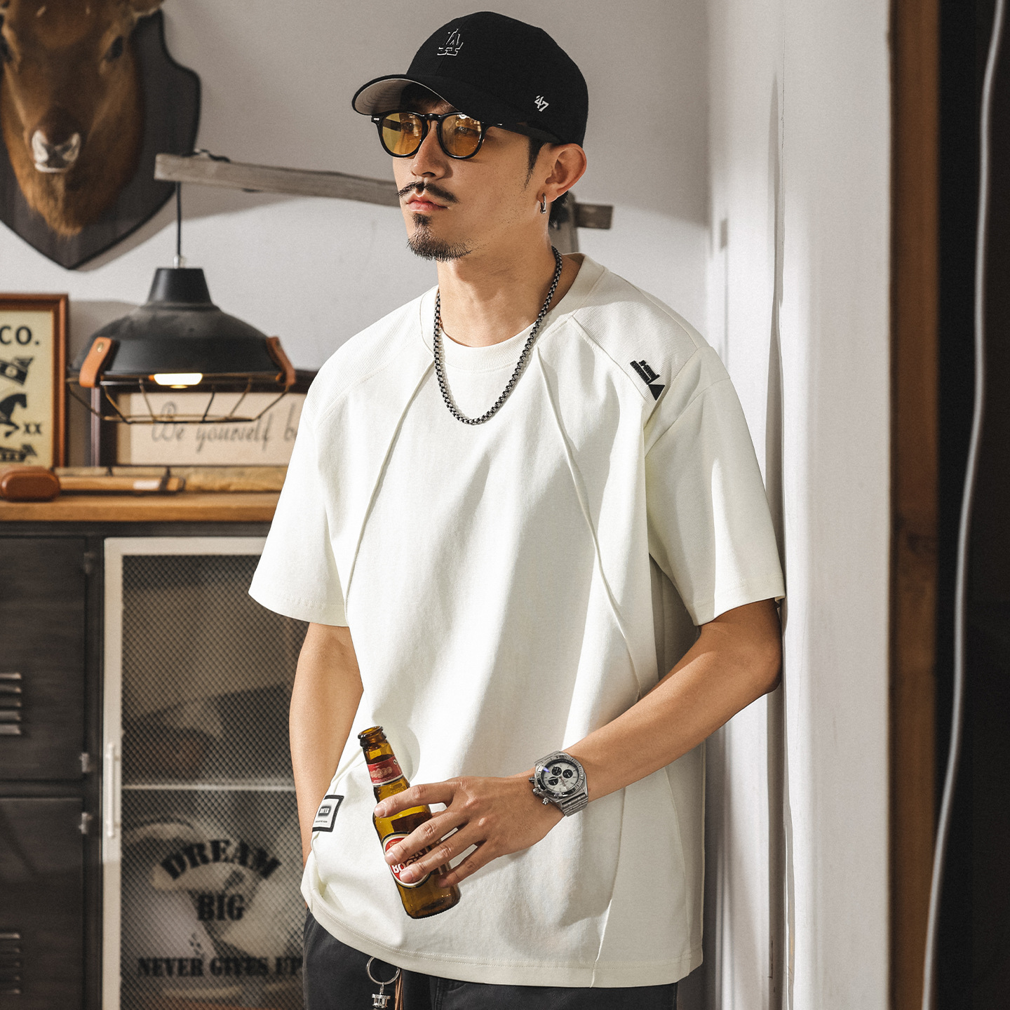 美式潮流短袖T恤男夏季新款潮牌設計感拼接體恤男士寬鬆休閒上衣T