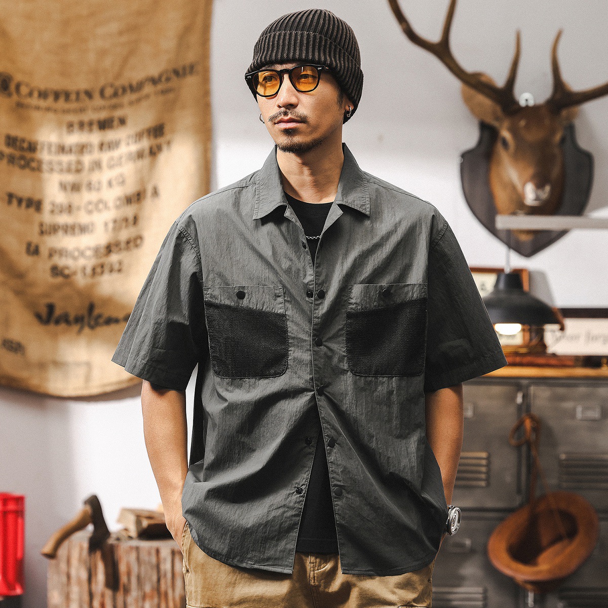古巴領襯衫男短袖夏季2025新款美式復古潮牌戶外機能寬鬆工裝襯衣