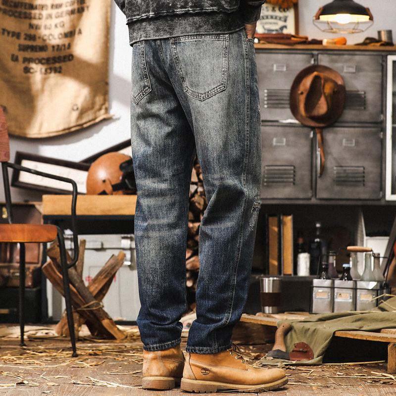 美式復古潮牌褲子男秋季2024新款破洞牛仔褲男款直筒寬鬆休閒褲男